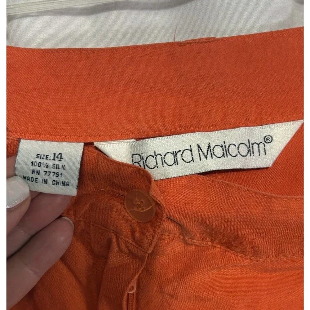 Vintage 100% Silk Orange High Waisted Pleated Trouser Pants‎ Classic Colorful